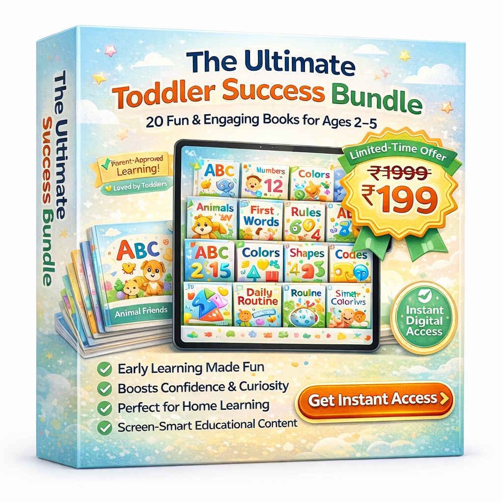 Digital product box mockup titled “The Ultimate Toddler Success Bundle” featuring 20 engaging learning books for ages 2–5, including ABC, numbers, colors, animals, shapes, and daily routine books, displayed on a tablet with a limited-time ₹199 offer badge and instant digital access button.